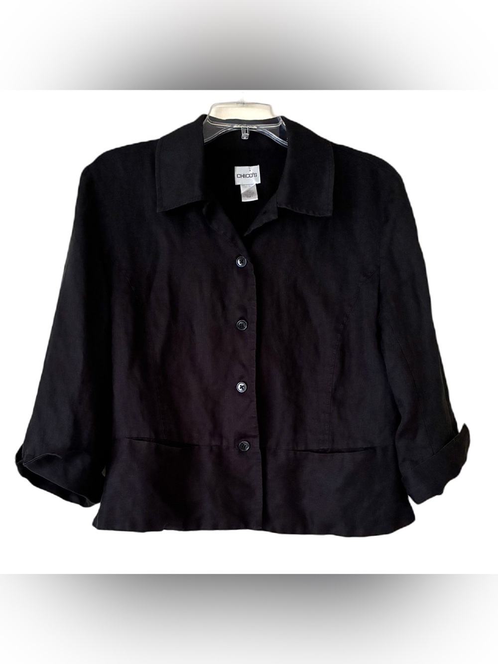Chico’s Linen Blazer, Sz 1 (M), Black w/ 3/4 Sleeves, Button Front, Fitted Style
